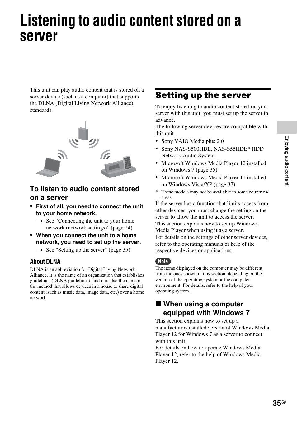 Listening to audio content stored on a server, Setting up the server, E 35 | Sony NAC-SV10I User Manual | Page 35 / 92