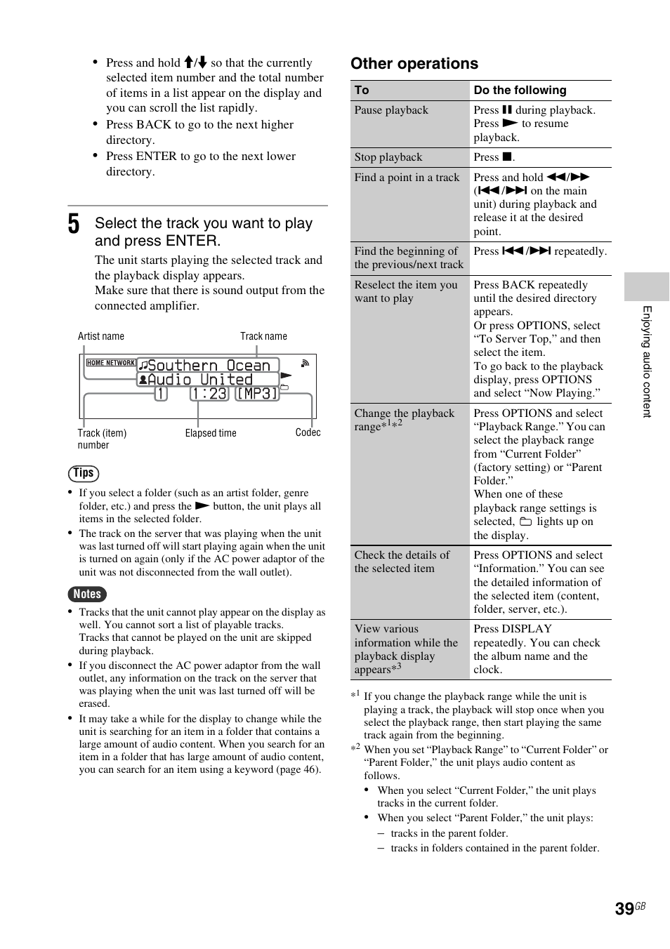 E 39), Other operations, Select the track you want to play and press enter | Sony NAC-SV10I User Manual | Page 39 / 92