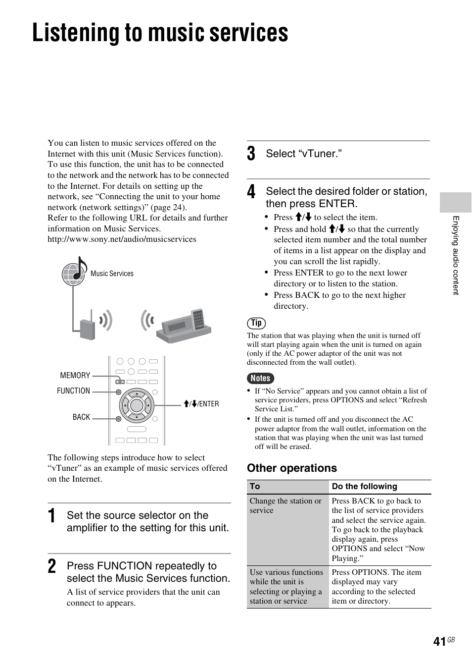 Listening to music services | Sony NAC-SV10I User Manual | Page 41 / 92