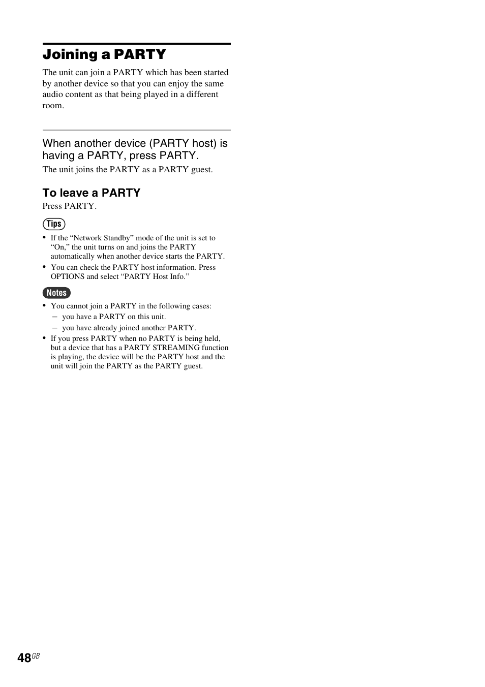 Joining a party | Sony NAC-SV10I User Manual | Page 48 / 92