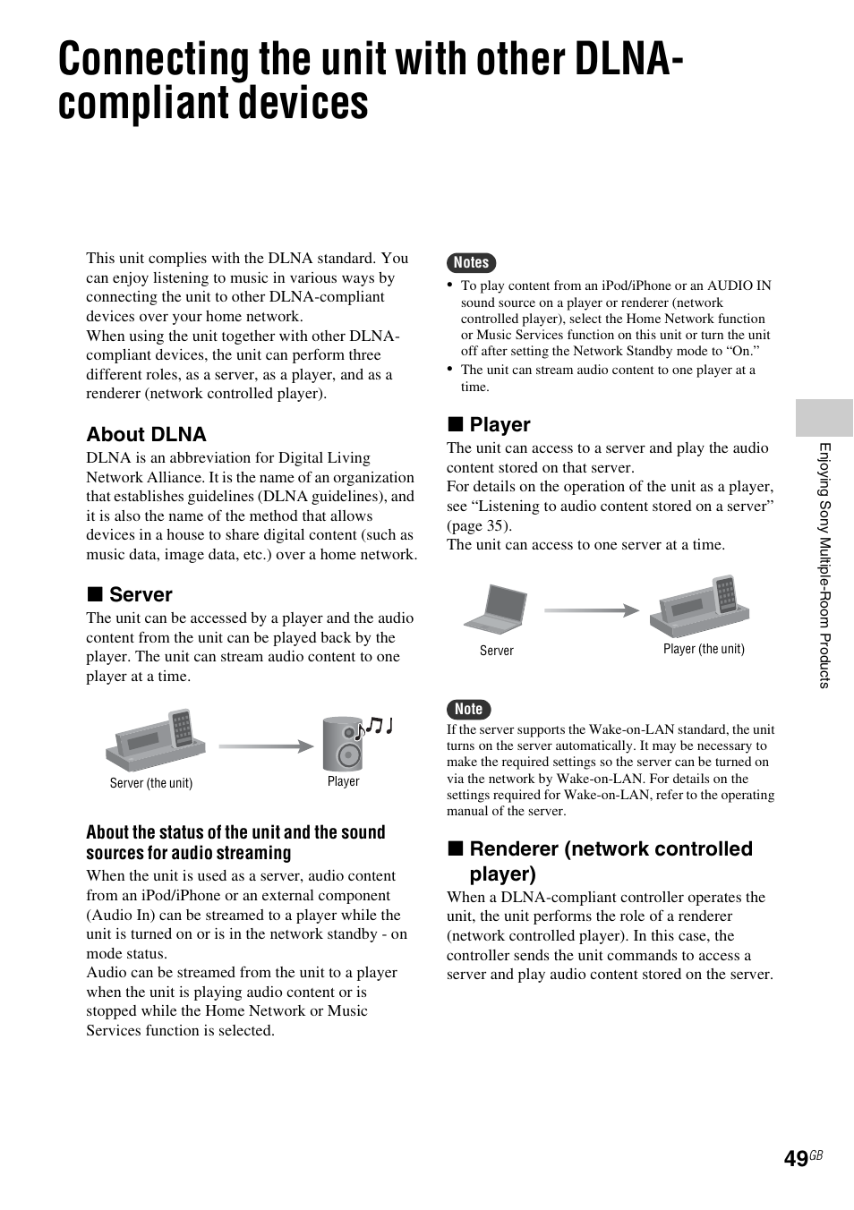 E 49, About dlna, X server | X player, X renderer (network controlled player) | Sony NAC-SV10I User Manual | Page 49 / 92