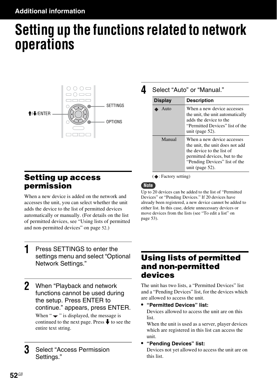 Additional information, Setting up access permission, Using lists of permitted and non-permitted devices | Age 52) | Sony NAC-SV10I User Manual | Page 52 / 92