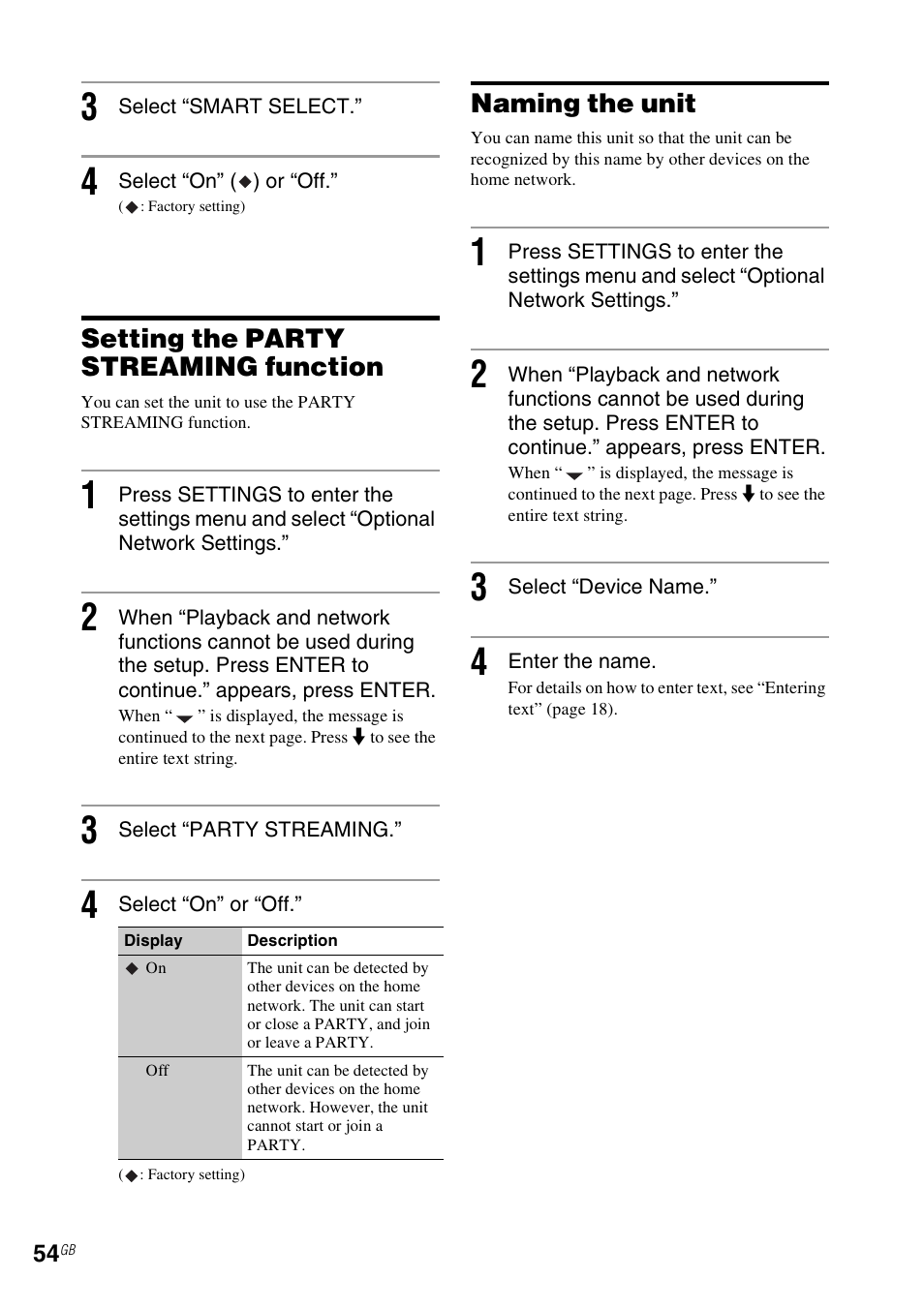 Setting the party streaming function, Naming the unit | Sony NAC-SV10I User Manual | Page 54 / 92