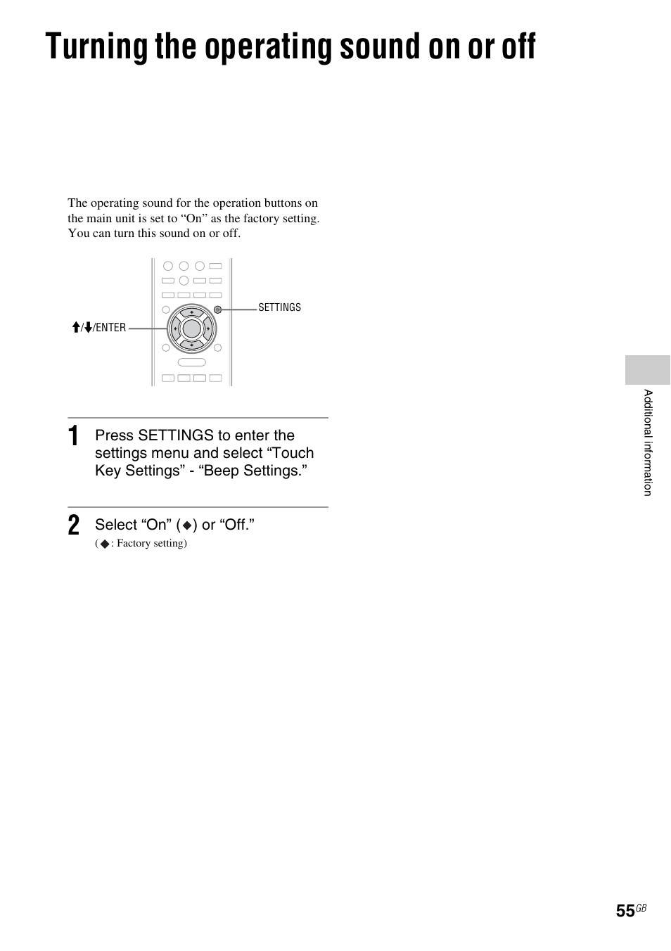 Turning the operating sound on or off | Sony NAC-SV10I User Manual | Page 55 / 92