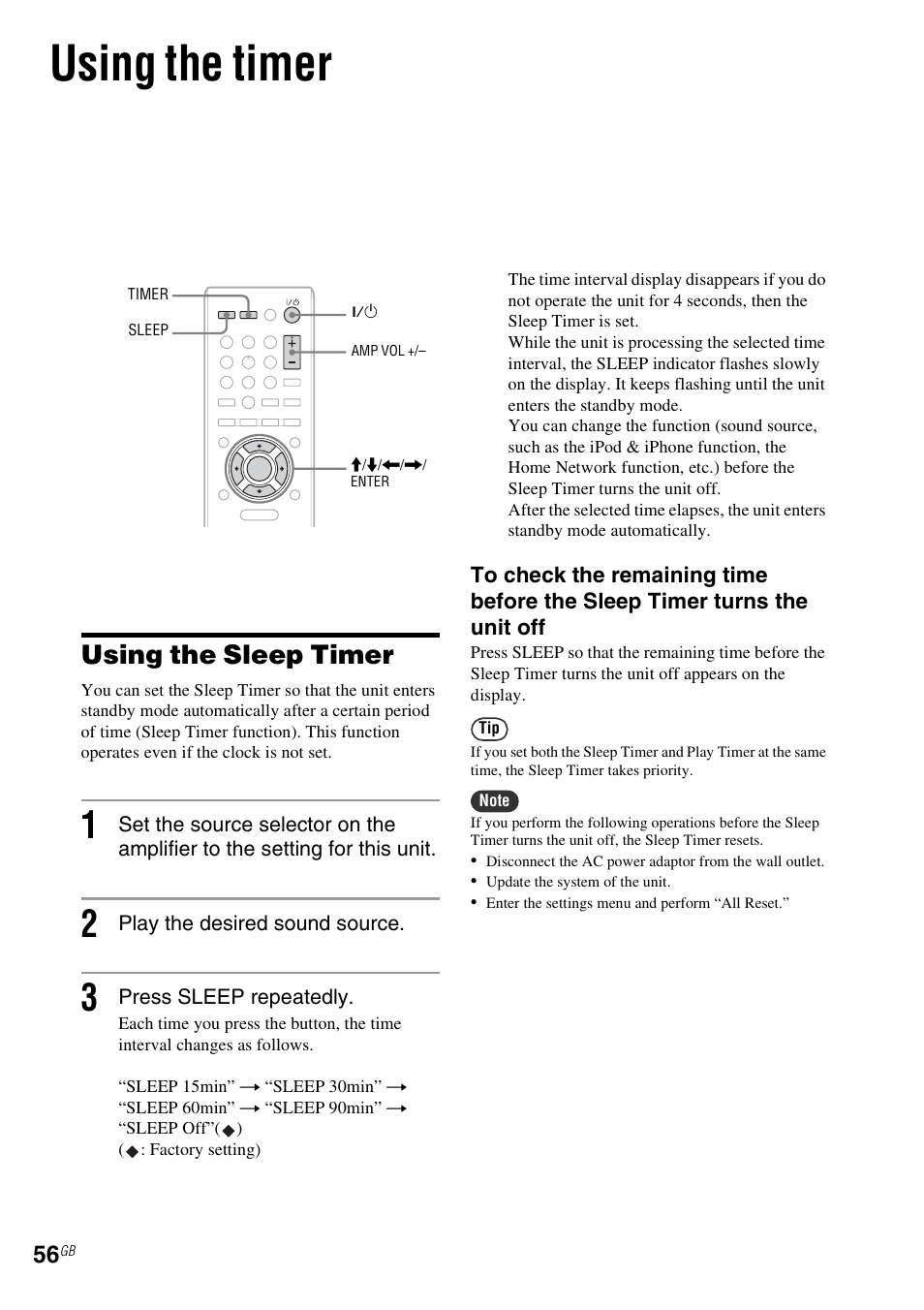 Using the timer, Using the sleep timer | Sony NAC-SV10I User Manual | Page 56 / 92