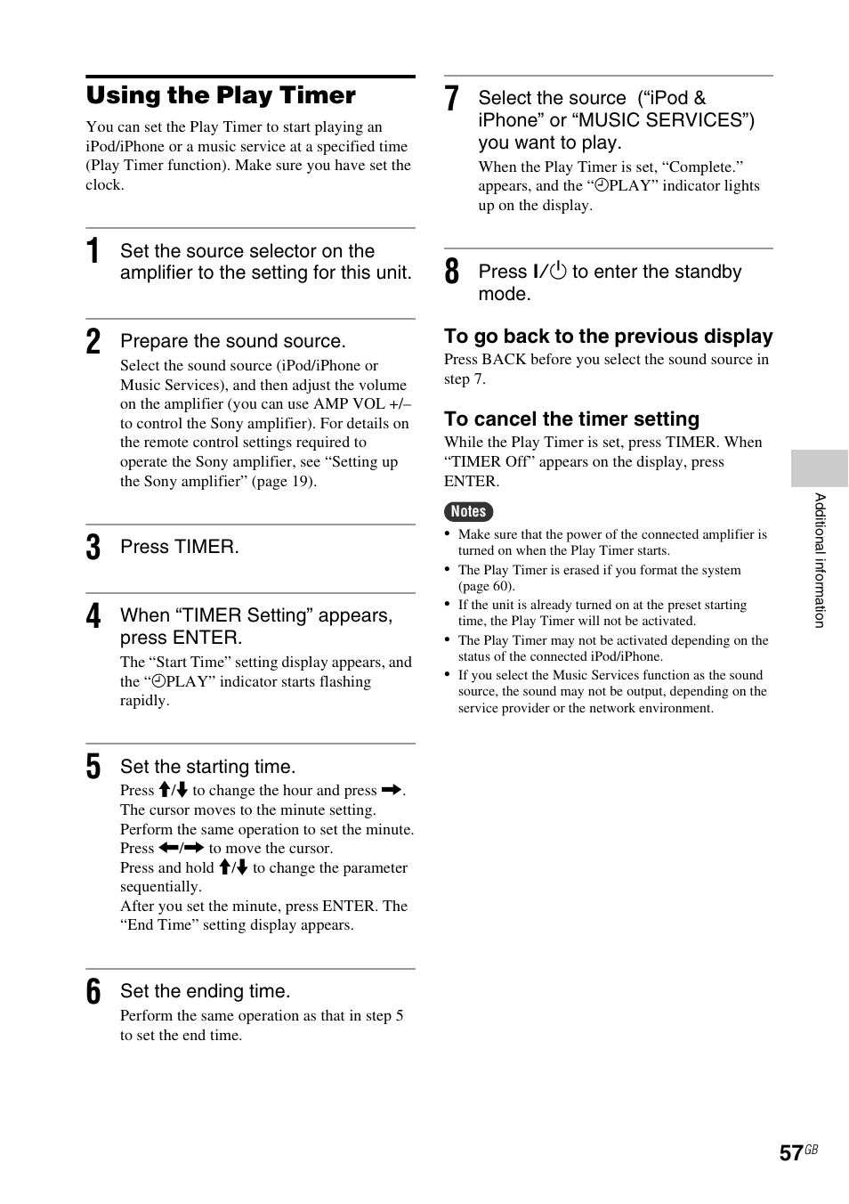 Using the play timer | Sony NAC-SV10I User Manual | Page 57 / 92