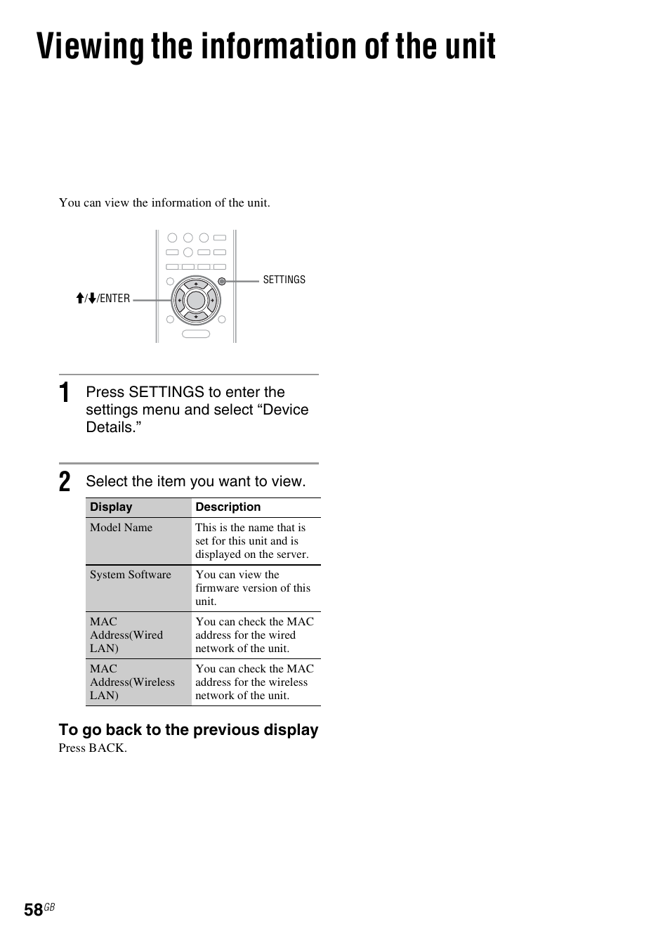 Viewing the information of the unit | Sony NAC-SV10I User Manual | Page 58 / 92