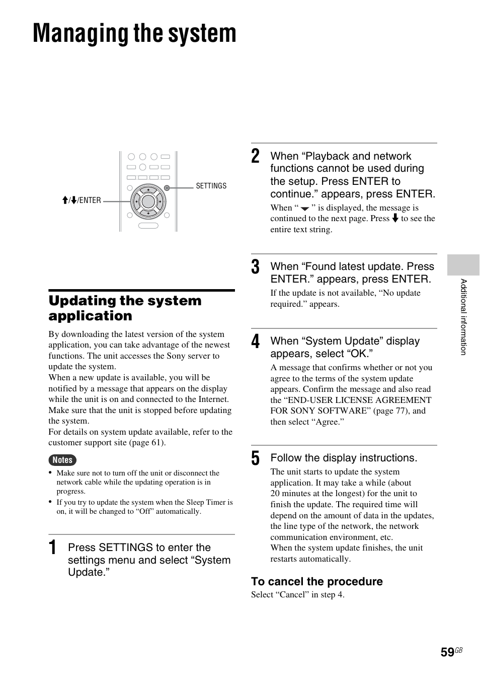 Managing the system, Updating the system application | Sony NAC-SV10I User Manual | Page 59 / 92