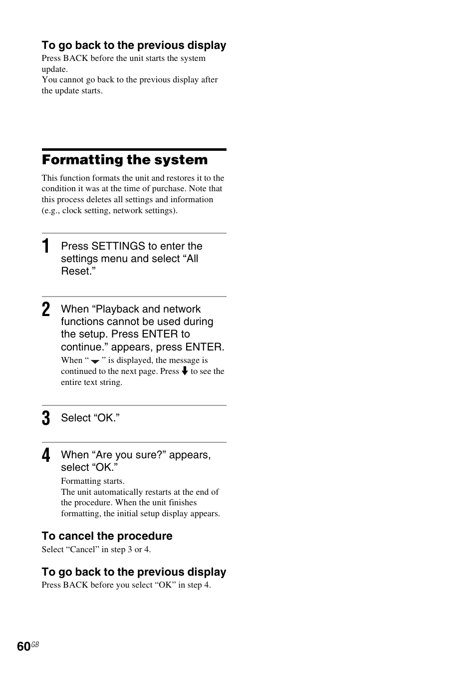 Formatting the system | Sony NAC-SV10I User Manual | Page 60 / 92