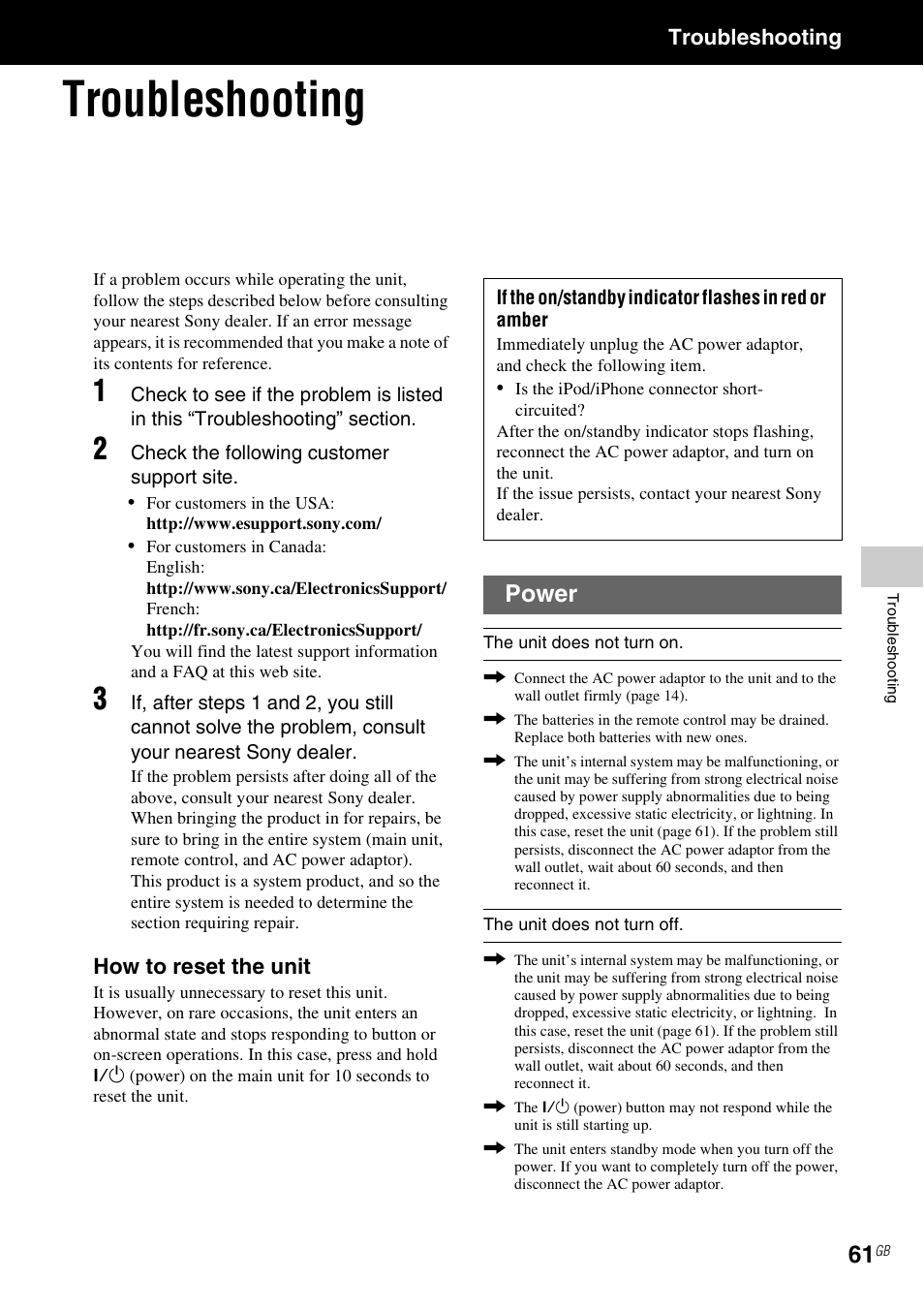 Troubleshooting, Power | Sony NAC-SV10I User Manual | Page 61 / 92