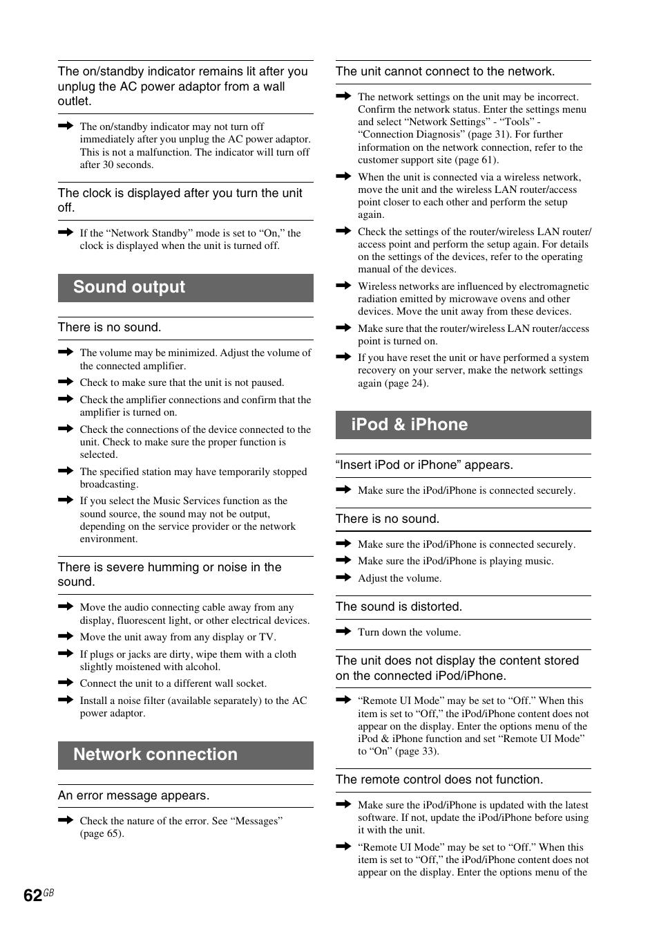 Sound output, Network connection, Ipod & iphone | Sony NAC-SV10I User Manual | Page 62 / 92