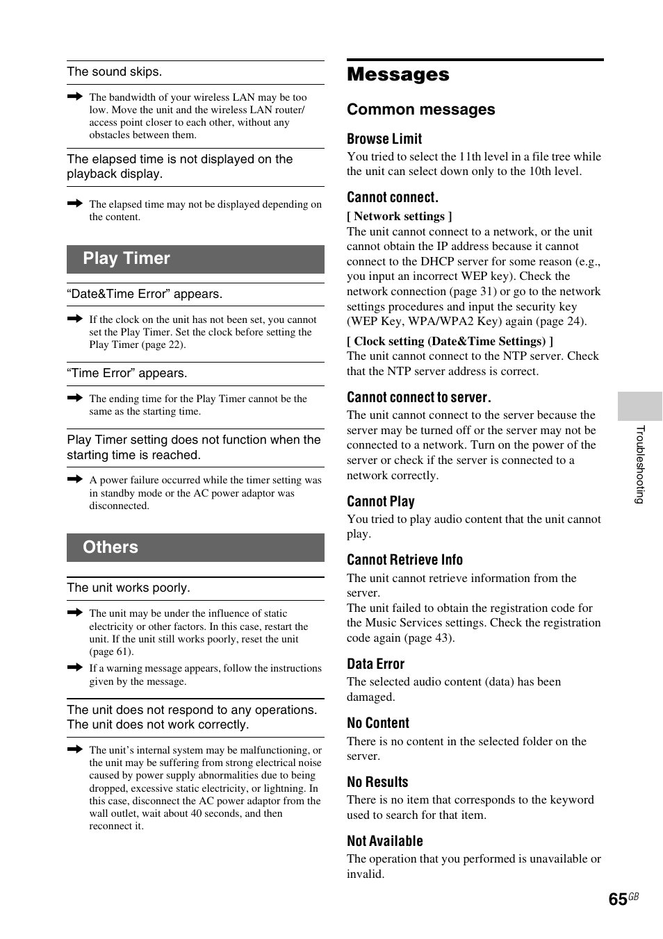 Messages, Play timer, Others | Common messages | Sony NAC-SV10I User Manual | Page 65 / 92