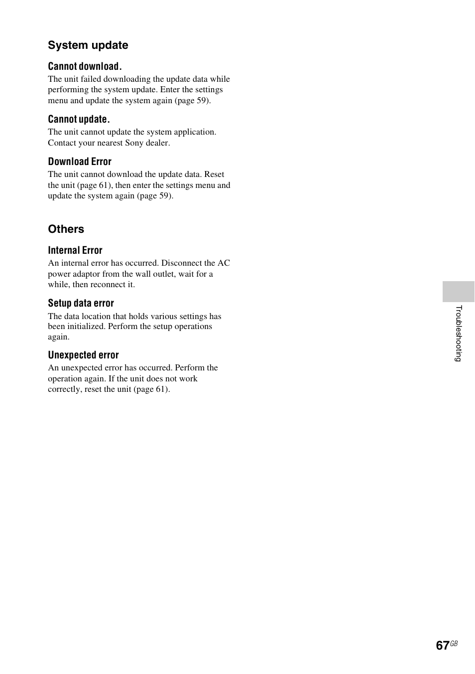 System update, Others | Sony NAC-SV10I User Manual | Page 67 / 92