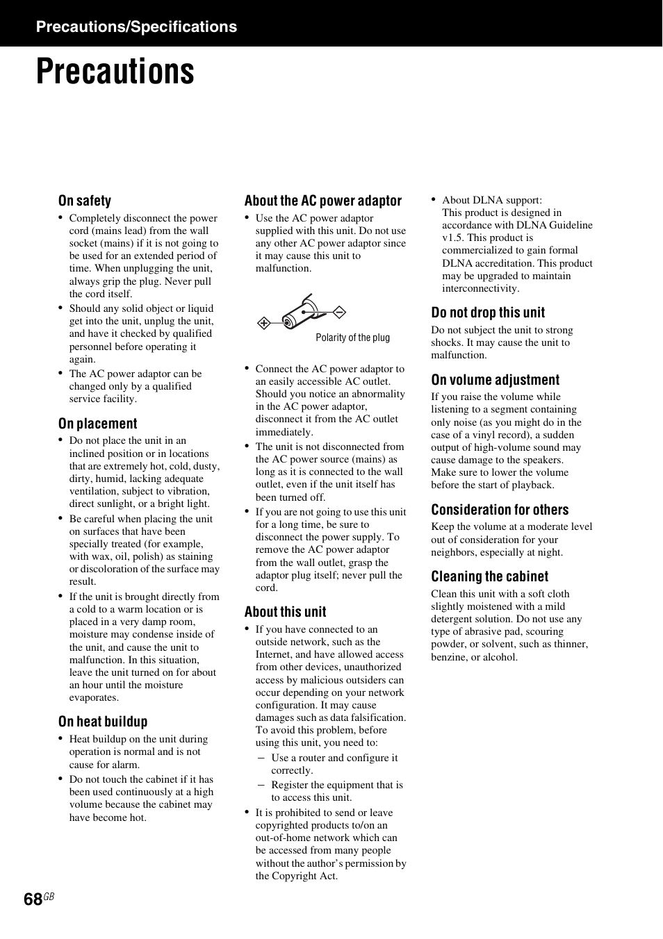 Precautions/specifications, Precautions | Sony NAC-SV10I User Manual | Page 68 / 92