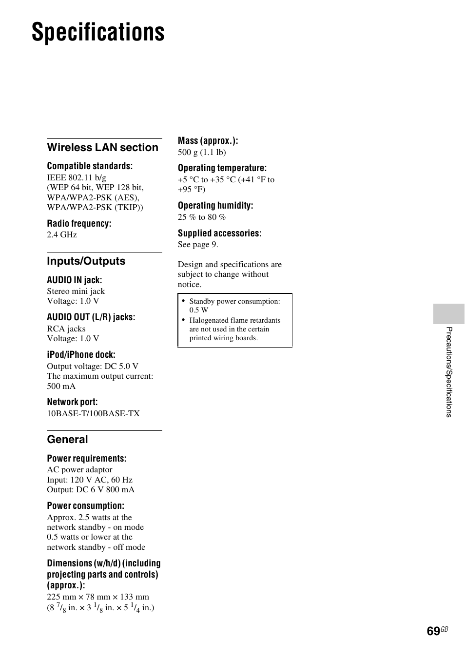 Specifications, Inputs/outputs, General | Sony NAC-SV10I User Manual | Page 69 / 92