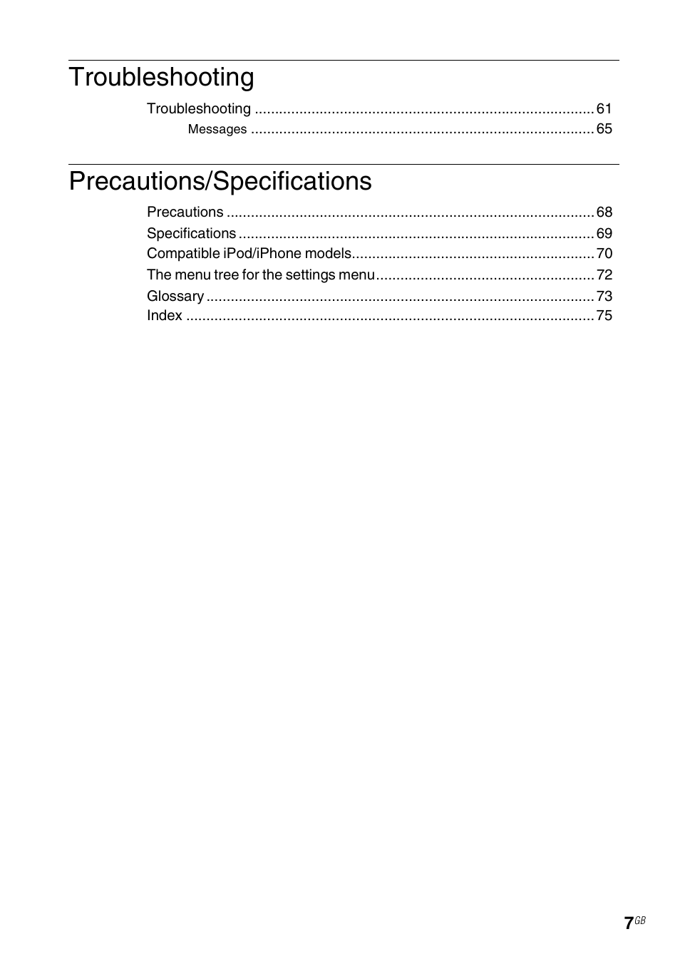 Troubleshooting, Precautions/specifications | Sony NAC-SV10I User Manual | Page 7 / 92