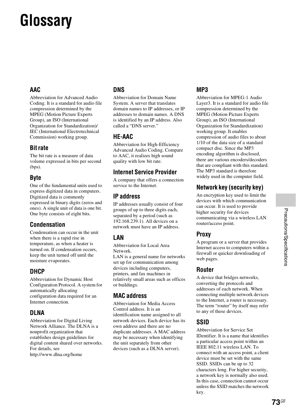 Glossary | Sony NAC-SV10I User Manual | Page 73 / 92