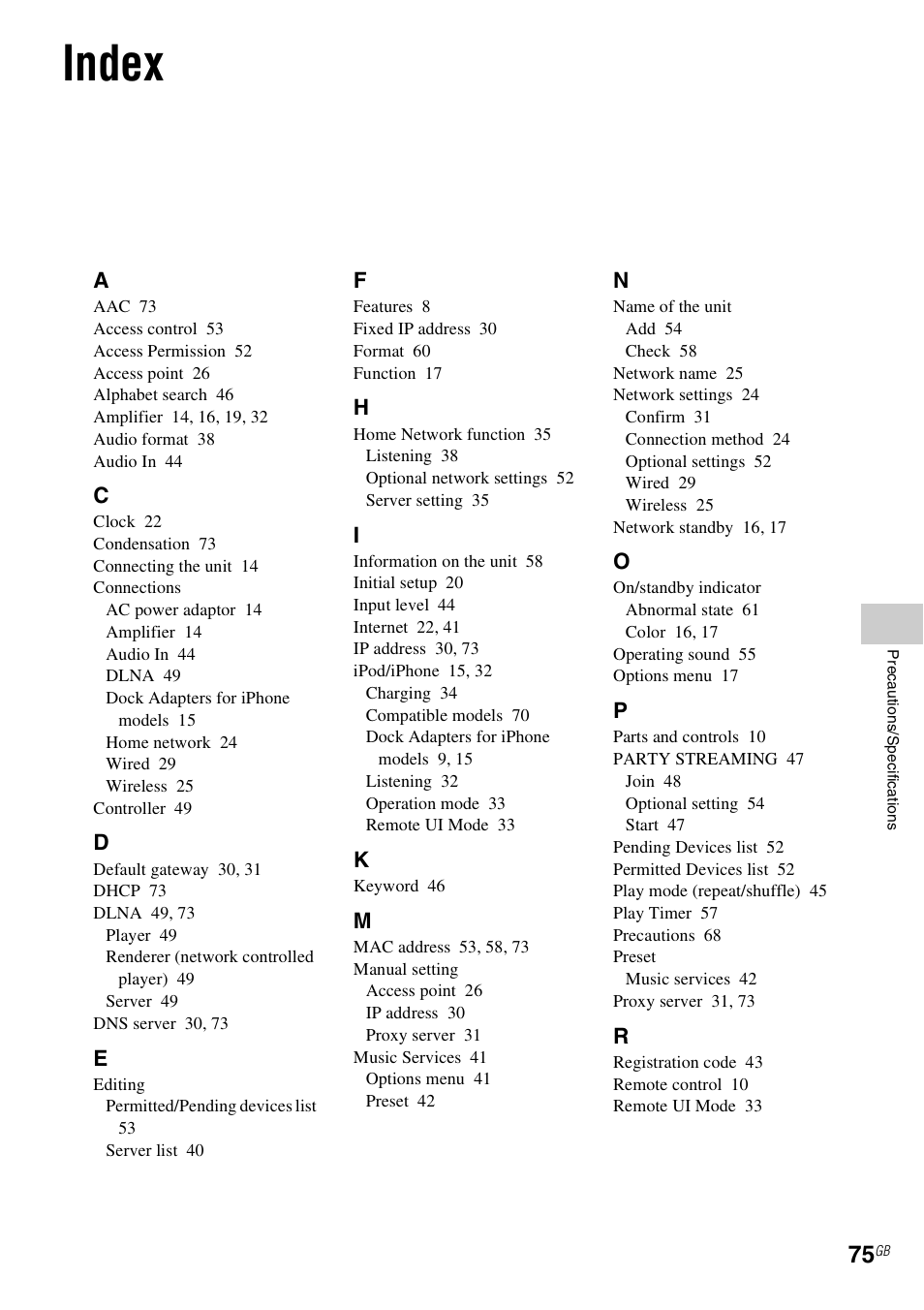 Index, Precautions/specifications | Sony NAC-SV10I User Manual | Page 75 / 92