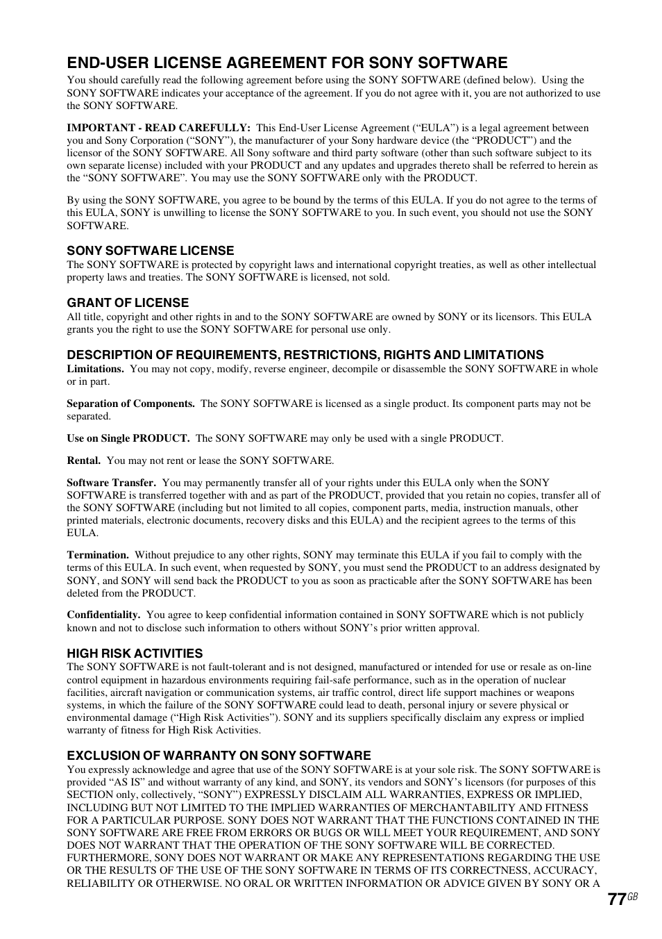 End-user license agreement for sony software | Sony NAC-SV10I User Manual | Page 77 / 92