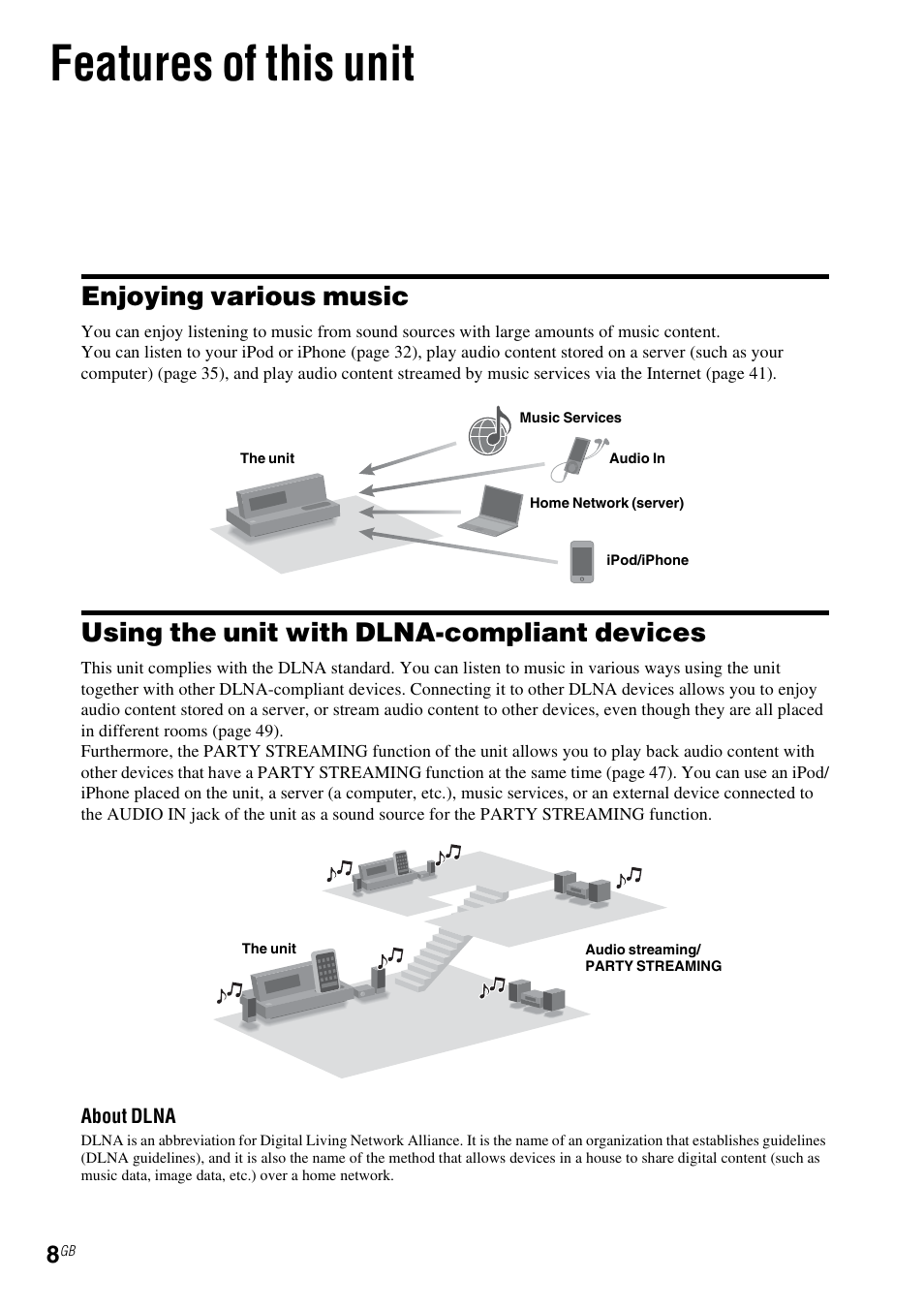 Features of this unit, Enjoying various music, Using the unit with dlna-compliant devices | Sony NAC-SV10I User Manual | Page 8 / 92