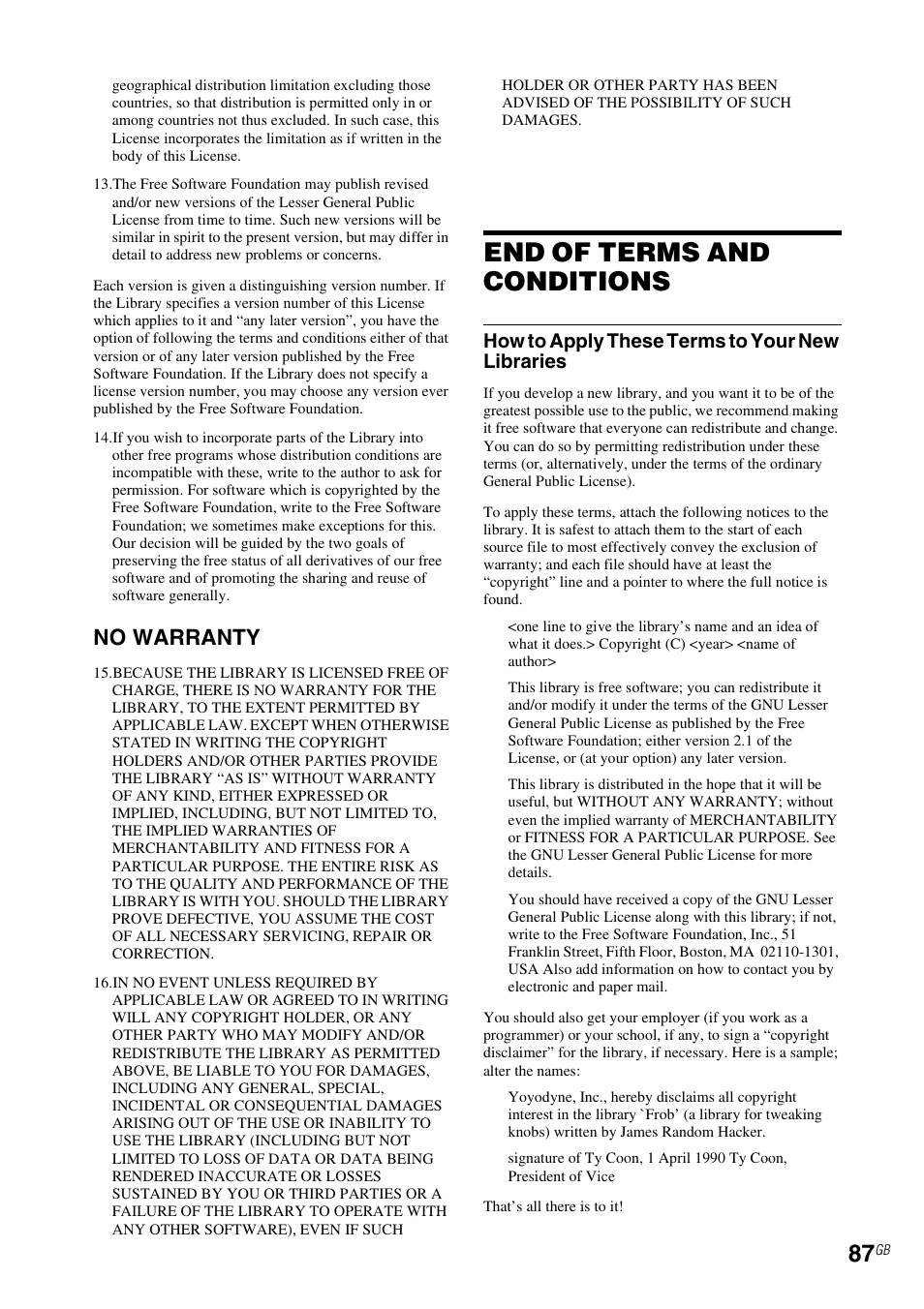 End of terms and conditions, No warranty, How to apply these terms to your new libraries | Sony NAC-SV10I User Manual | Page 87 / 92