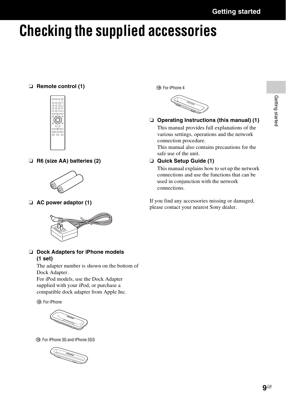 Getting started, Checking the supplied accessories | Sony NAC-SV10I User Manual | Page 9 / 92