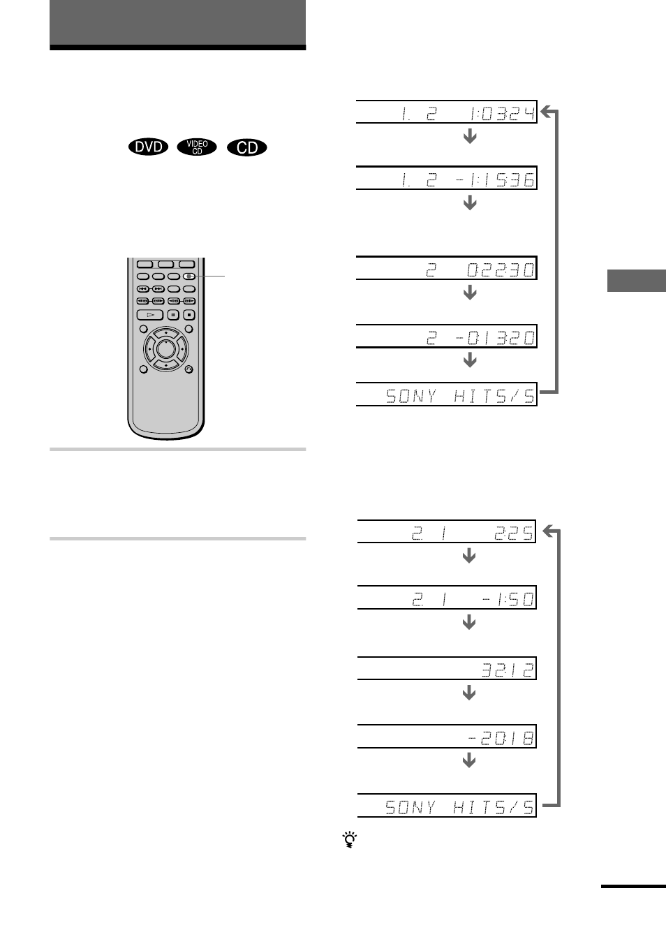 Viewing information about the disc, Viewing the playing time and remaining time on the, Front panel display | Press time/text, Continued | Sony DVP-NS700P User Manual | Page 45 / 88