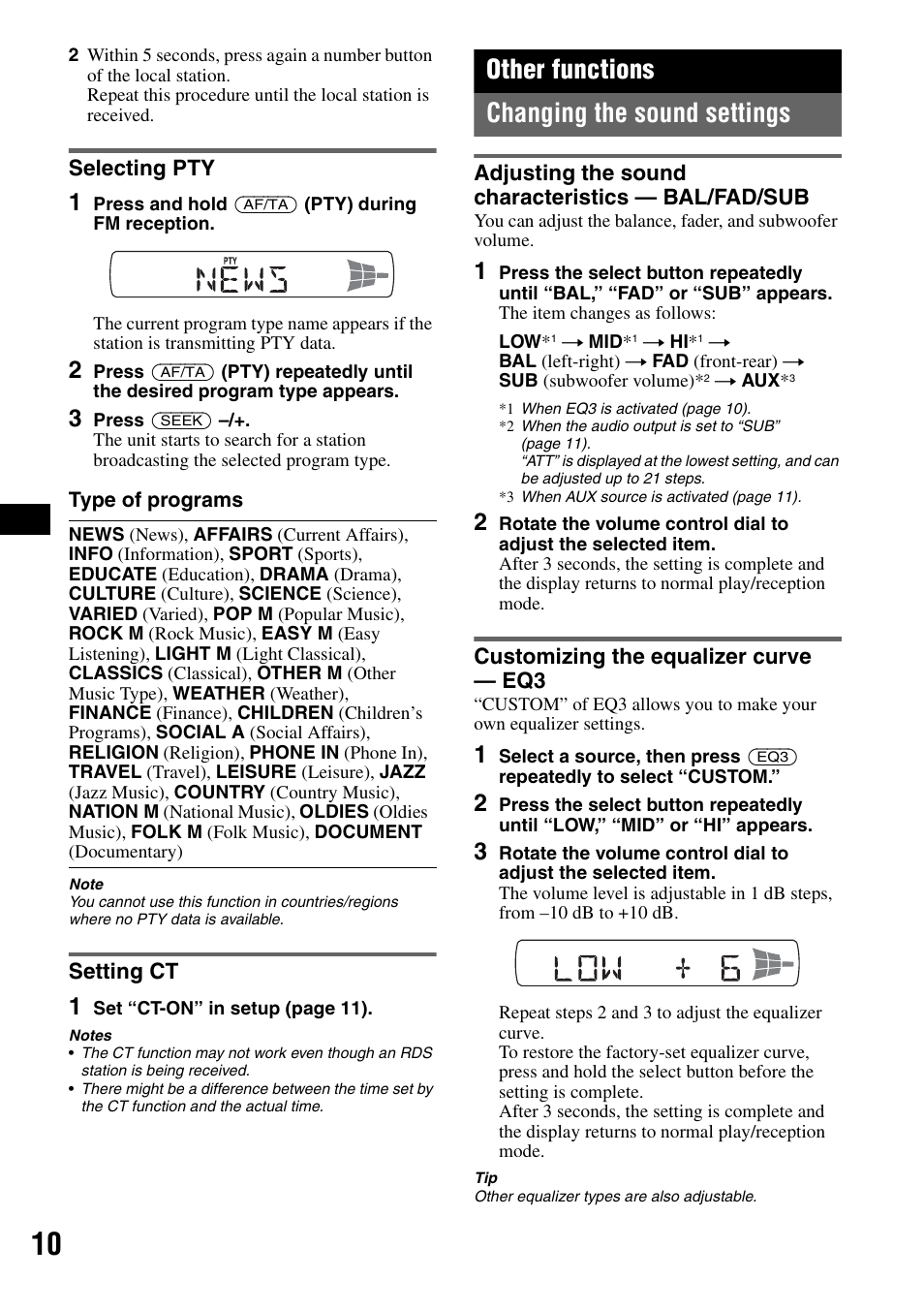 Selecting pty, Setting ct, Other functions | Changing the sound settings, Adjusting the sound characteristics - bal/fad/sub, Customizing the equalizer curve - eq3, Selecting pty setting ct, Other functions changing the sound settings | Sony CDX-GT225C User Manual | Page 10 / 100
