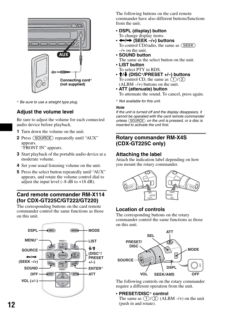 Rotary commander rm-x4s (cdx-gt225c only), Card remote commander rm-x114, Cdx-gt225c only) | Adjust the volume level, Attaching the label, Location of controls | Sony CDX-GT225C User Manual | Page 12 / 100