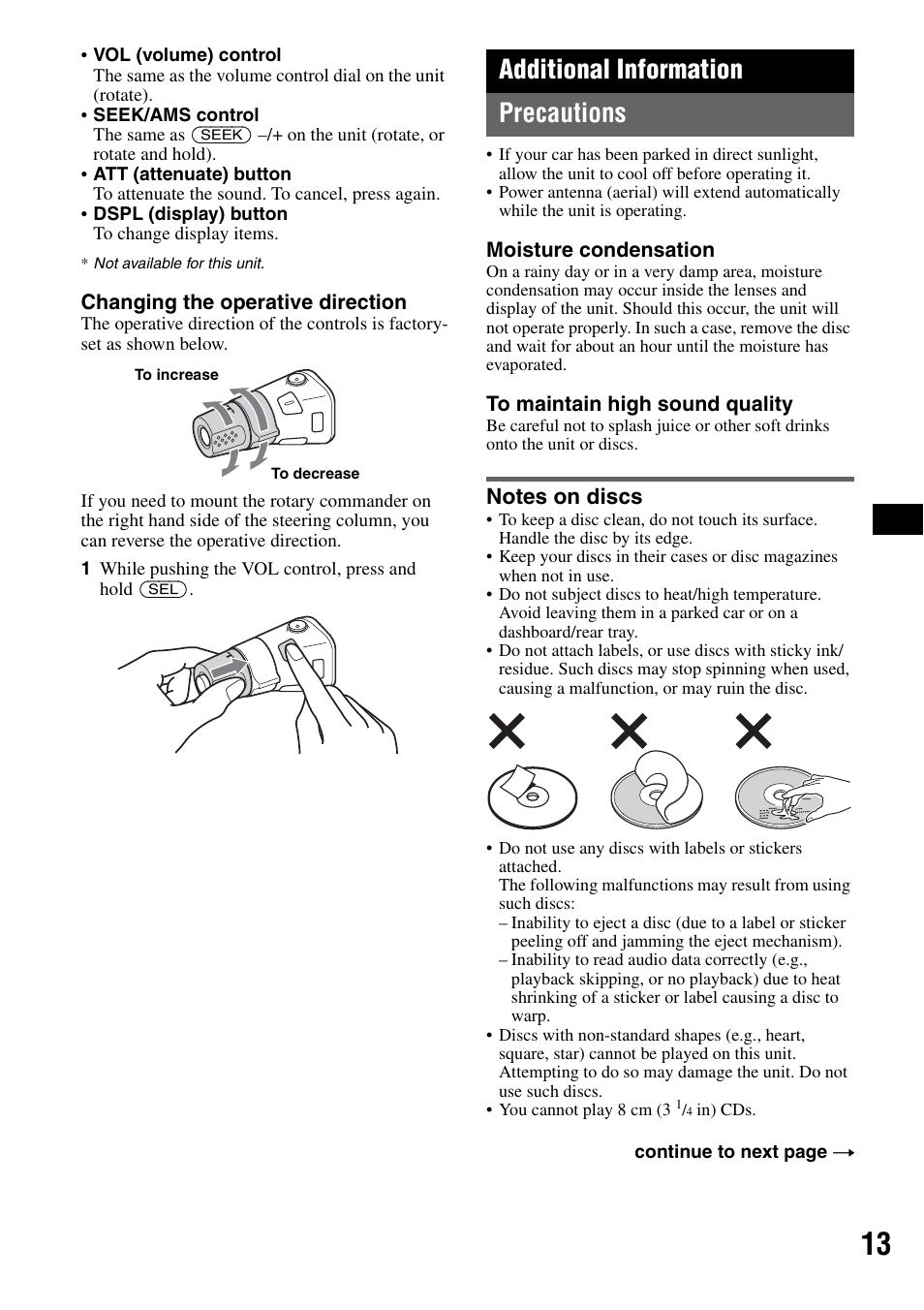 Additional information, Precautions, Notes on discs | Additional information precautions | Sony CDX-GT225C User Manual | Page 13 / 100