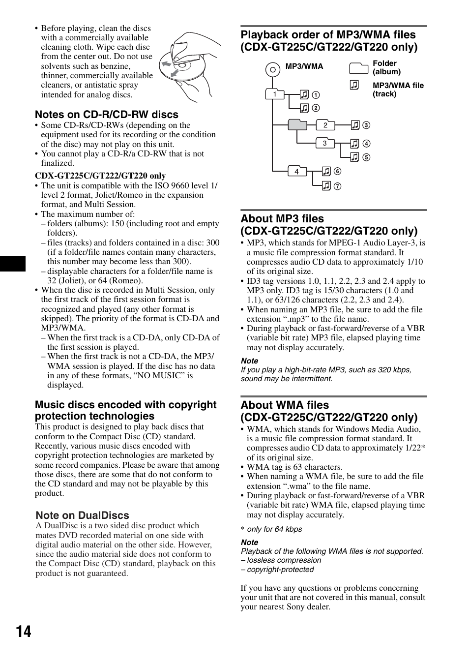 About mp3 files (cdx-gt225c/gt222/gt220 only), About wma files (cdx-gt225c/gt222/gt220 only), Playback order of mp3/wma files | Cdx-gt225c/gt222/gt220 only) about mp3 files, Cdx-gt225c/gt222/gt220 only) about wma files, Cdx-gt225c/gt222/gt220 only) | Sony CDX-GT225C User Manual | Page 14 / 100