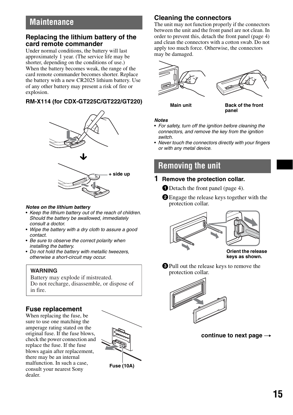 Maintenance, Removing the unit, Maintenance removing the unit | Sony CDX-GT225C User Manual | Page 15 / 100