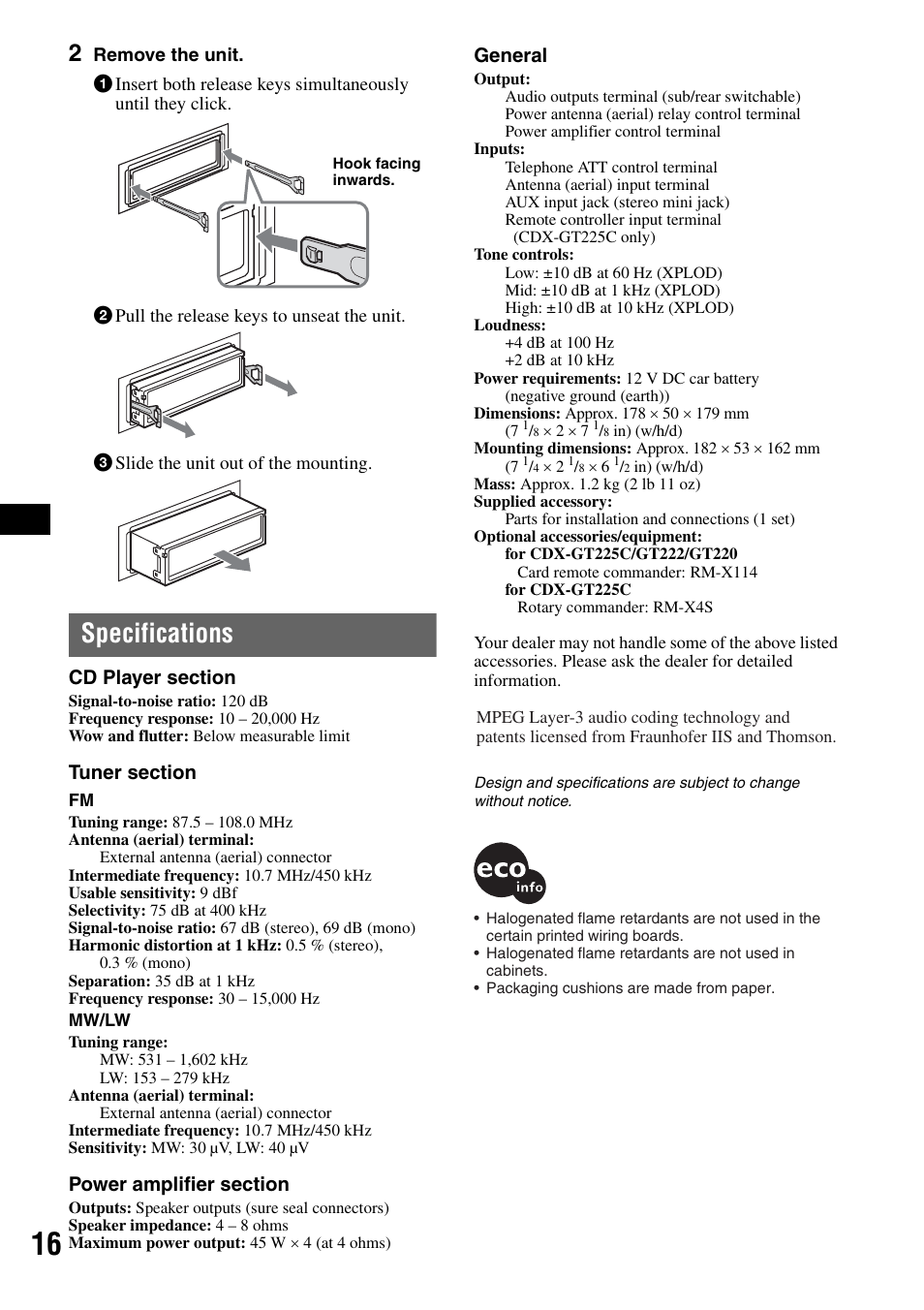 Specifications | Sony CDX-GT225C User Manual | Page 16 / 100