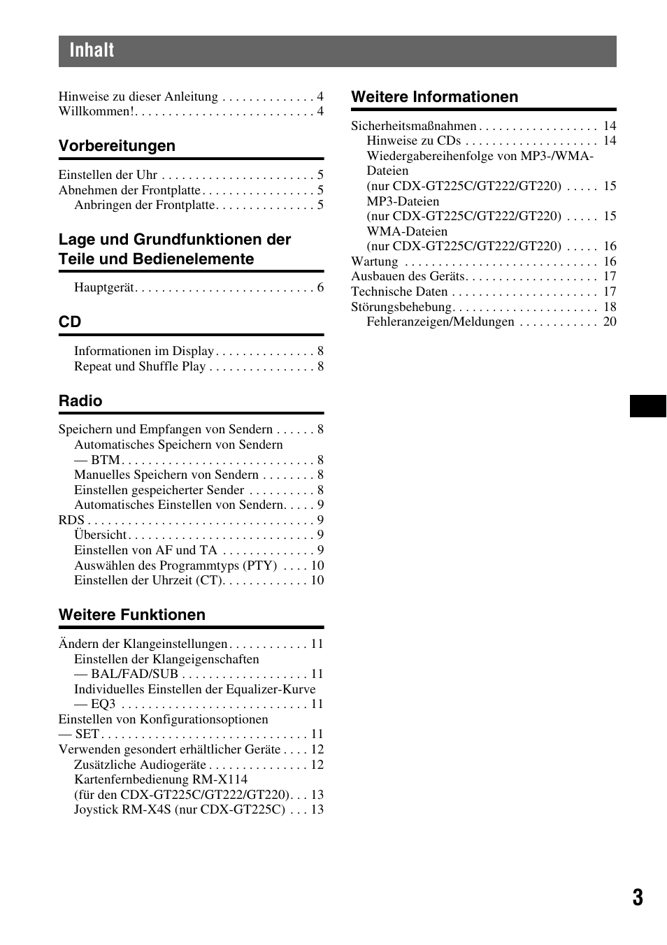 Inhalt | Sony CDX-GT225C User Manual | Page 21 / 100