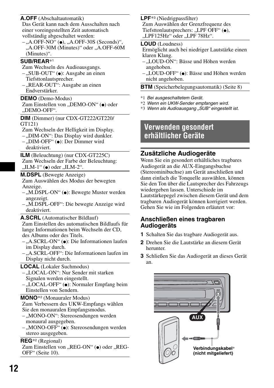 Verwenden gesondert erhältlicher geräte, Zusätzliche audiogeräte, Tte auf seite 12 nach | Seite 12, T ist (seite 12), Seite 12) | Sony CDX-GT225C User Manual | Page 30 / 100