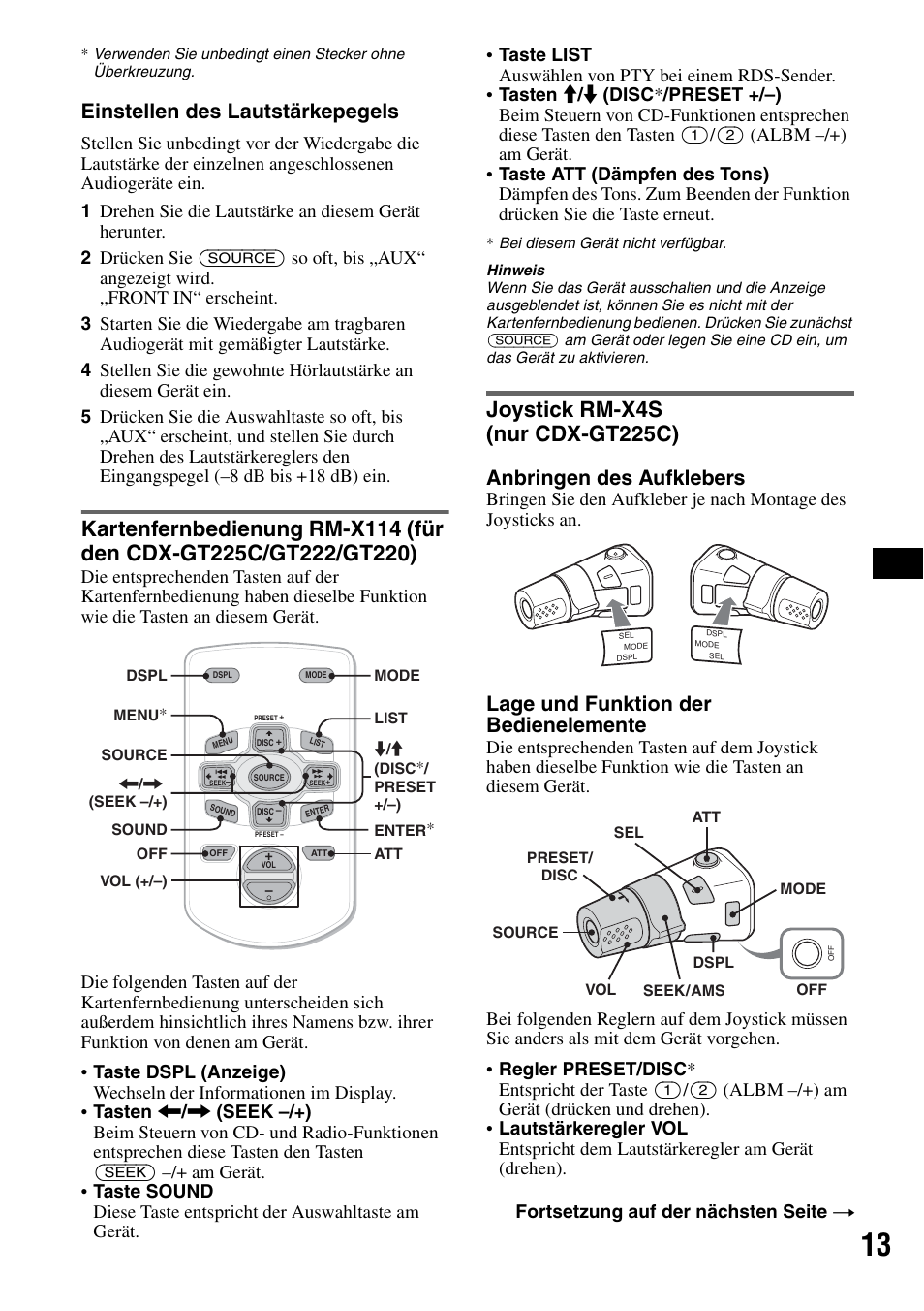 Joystick rm-x4s (nur cdx-gt225c), Kartenfernbedienung rm-x114, Einstellen des lautstärkepegels | Anbringen des aufklebers, Lage und funktion der bedienelemente, Fortsetzung auf der nächsten seite t | Sony CDX-GT225C User Manual | Page 31 / 100