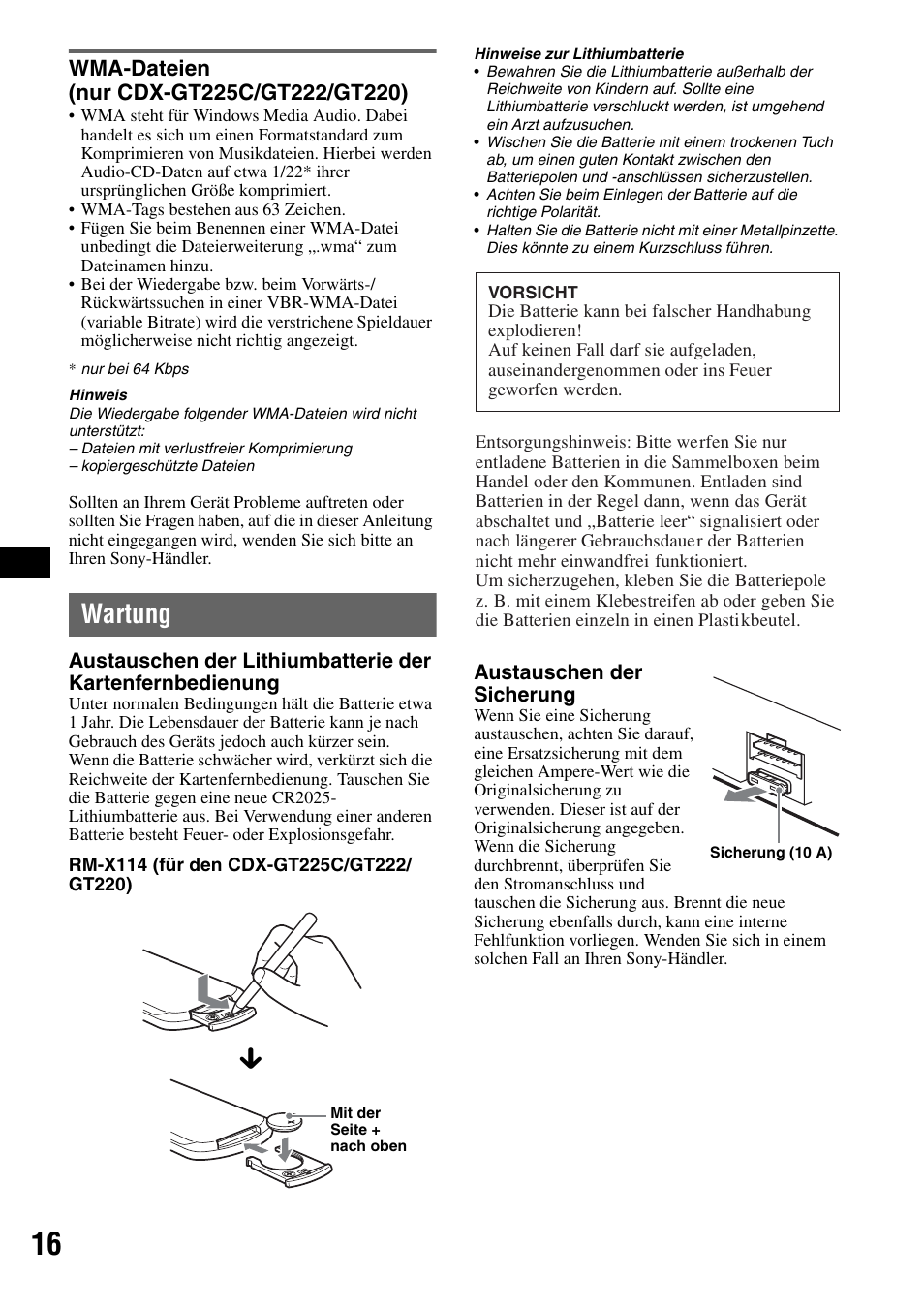 Wma-dateien (nur cdx-gt225c/gt222/gt220), Wartung, Wma-dateien | Nur cdx-gt225c/gt222/gt220) | Sony CDX-GT225C User Manual | Page 34 / 100