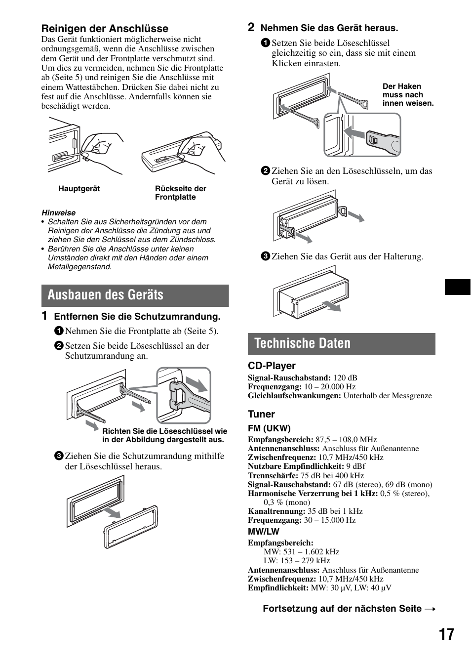 Ausbauen des geräts, Technische daten, Ausbauen des geräts technische daten | Sony CDX-GT225C User Manual | Page 35 / 100