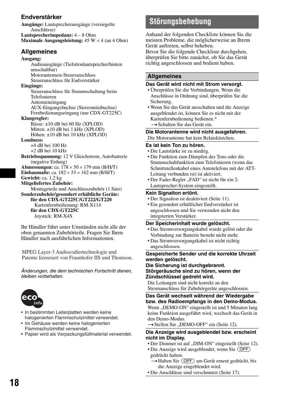 Störungsbehebung | Sony CDX-GT225C User Manual | Page 36 / 100