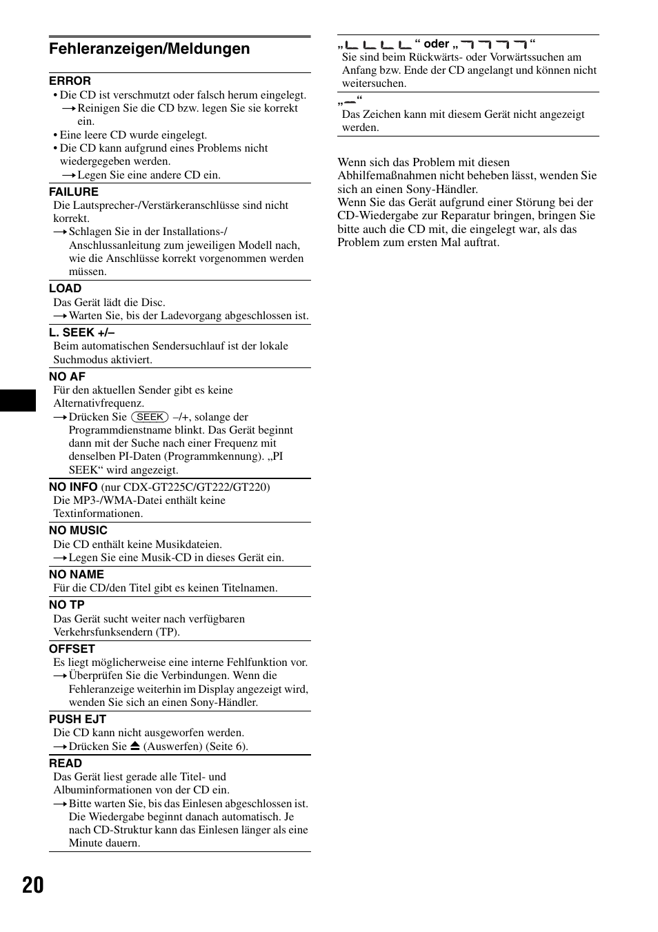 Fehleranzeigen/meldungen | Sony CDX-GT225C User Manual | Page 38 / 100