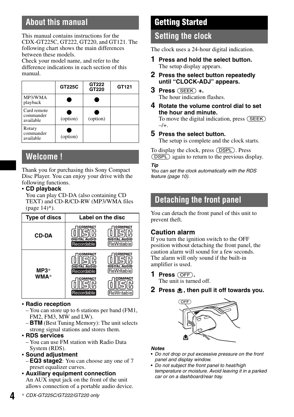 About this manual, Welcome, Getting started | Setting the clock, Detaching the front panel, About this manual welcome, Setting the clock detaching the front panel, Getting started setting the clock | Sony CDX-GT225C User Manual | Page 4 / 100