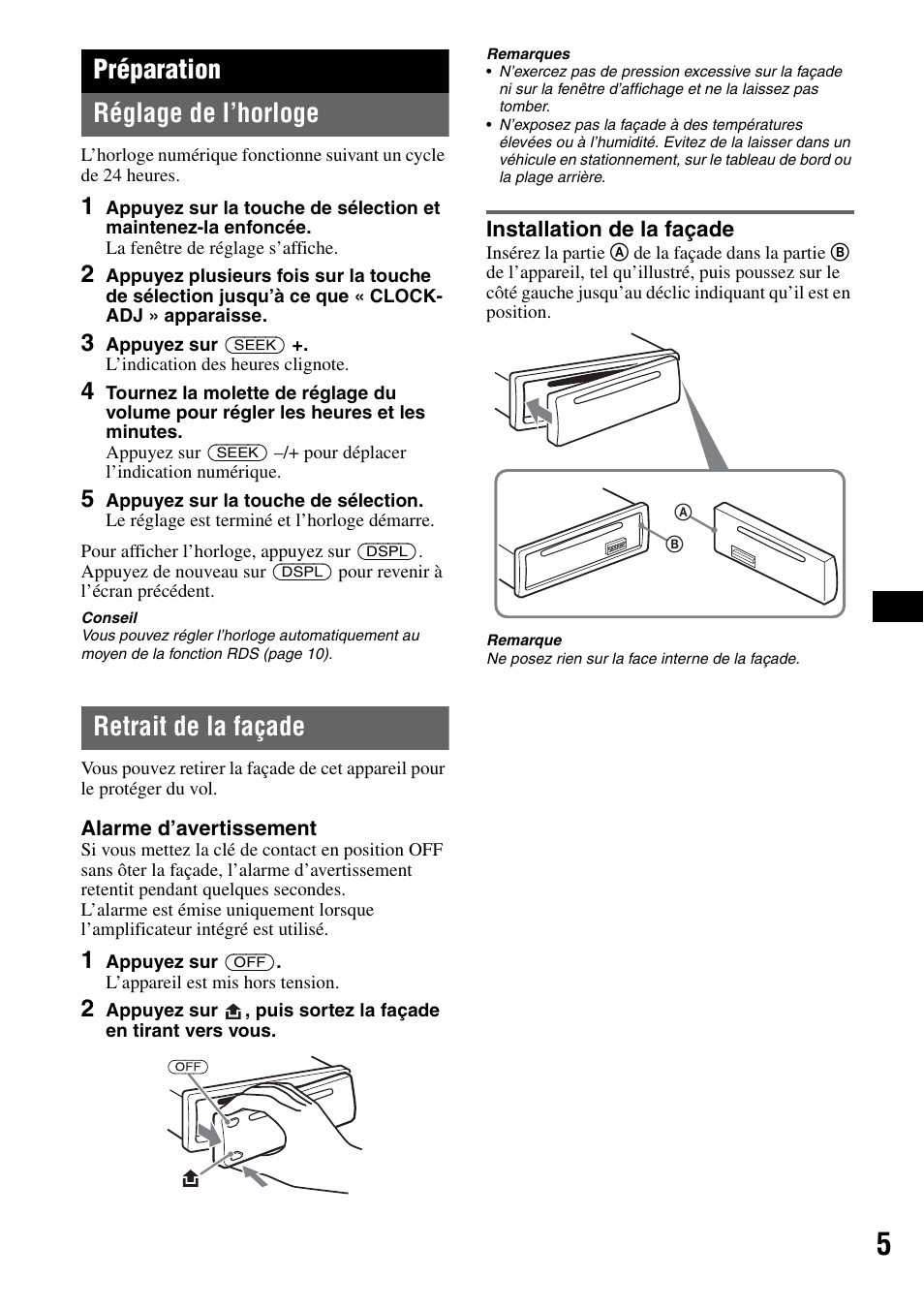 Préparation, Réglage de l’horloge, Retrait de la façade | Installation de la façade, Réglage de l’horloge retrait de la façade, Préparation réglage de l’horloge | Sony CDX-GT225C User Manual | Page 43 / 100