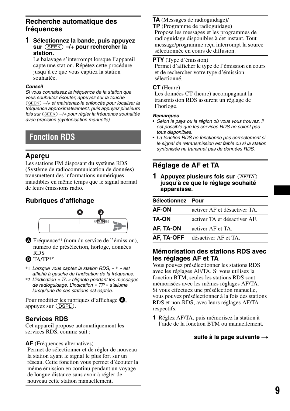 Recherche automatique des fréquences, Fonction rds, Aperçu | Réglage de af et ta, Aperçu réglage de af et ta | Sony CDX-GT225C User Manual | Page 47 / 100