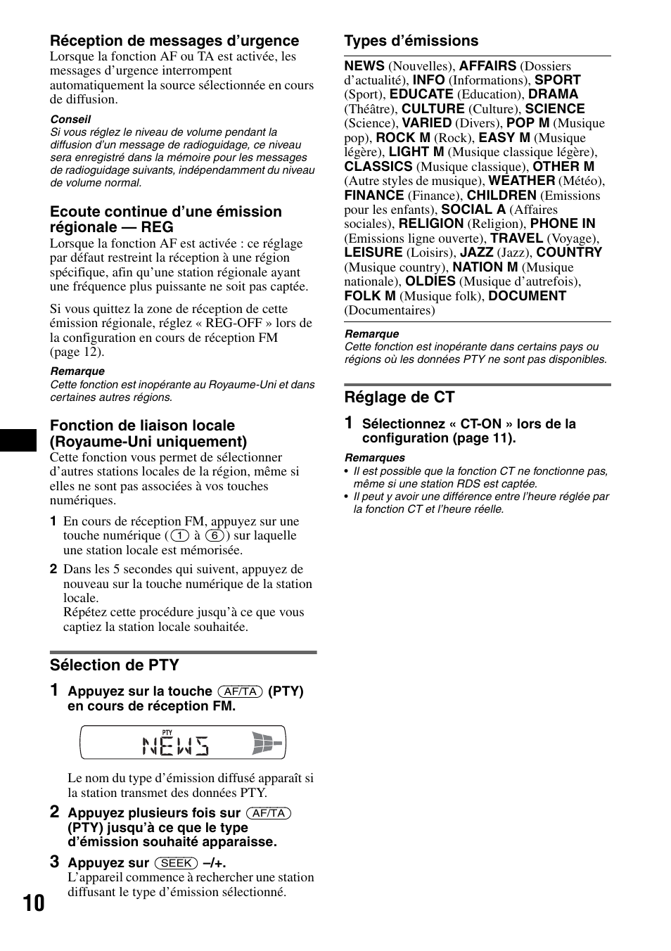 Sélection de pty, Réglage de ct, Sélection de pty réglage de ct | Sony CDX-GT225C User Manual | Page 48 / 100