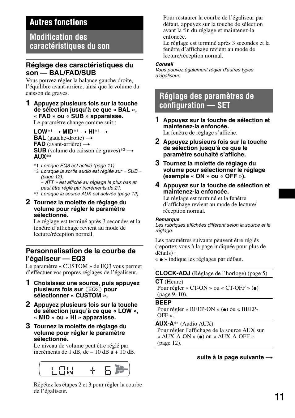 Autres fonctions, Modification des caractéristiques du son, Réglage des caractéristiques du son - bal/fad/sub | Personnalisation de la courbe de l’égaliseur - eq3, Réglage des paramètres de configuration - set, Réglage des caractéristiques du son, Réglage des paramètres de configuration, Réglage des paramètres de configuration — set | Sony CDX-GT225C User Manual | Page 49 / 100