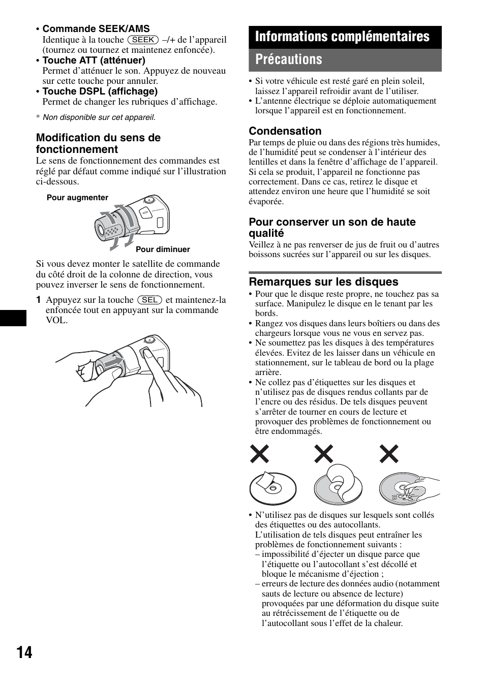 Informations complémentaires, Précautions, Remarques sur les disques | Informations complémentaires précautions | Sony CDX-GT225C User Manual | Page 52 / 100