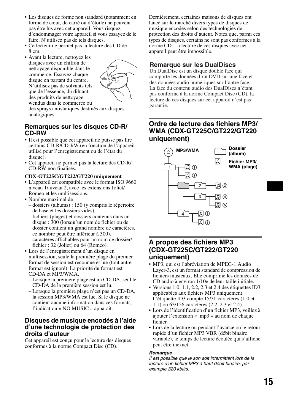 Uniquement) a propos des fichiers mp3, Cdx-gt225c/gt222/gt220, Uniquement) | Sony CDX-GT225C User Manual | Page 53 / 100