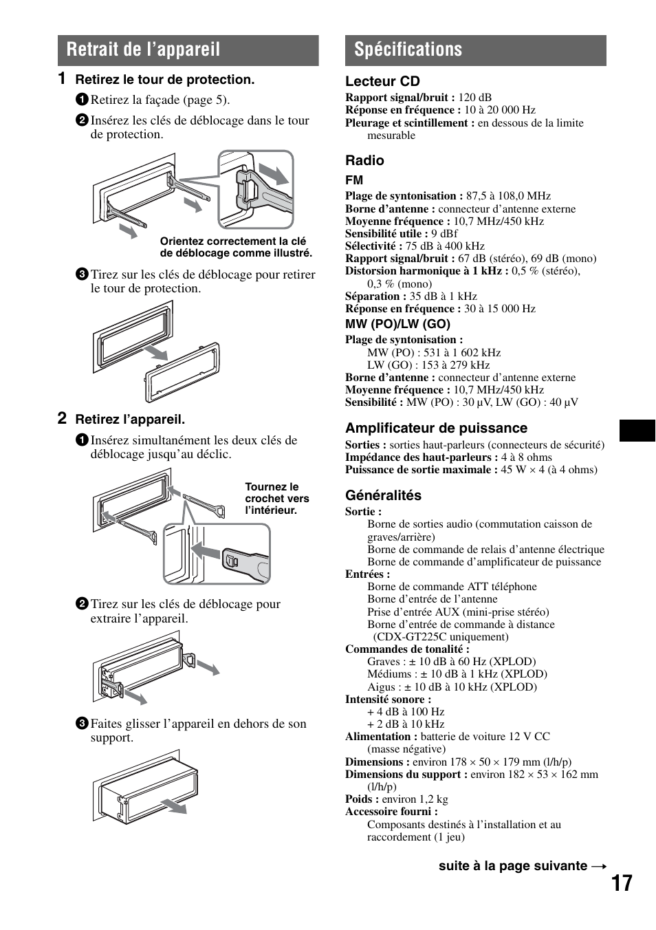 Retrait de l’appareil, Spécifications, Retrait de l’appareil spécifications | Sony CDX-GT225C User Manual | Page 55 / 100