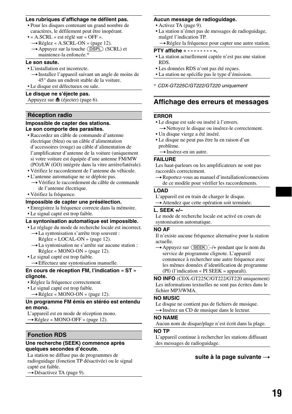 Affichage des erreurs et messages | Sony CDX-GT225C User Manual | Page 57 / 100