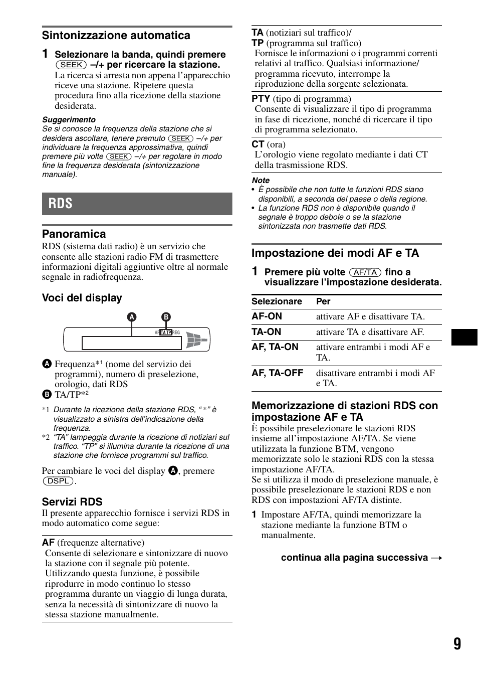 Sintonizzazione automatica, Panoramica, Impostazione dei modi af e ta | Panoramica impostazione dei modi af e ta | Sony CDX-GT225C User Manual | Page 67 / 100
